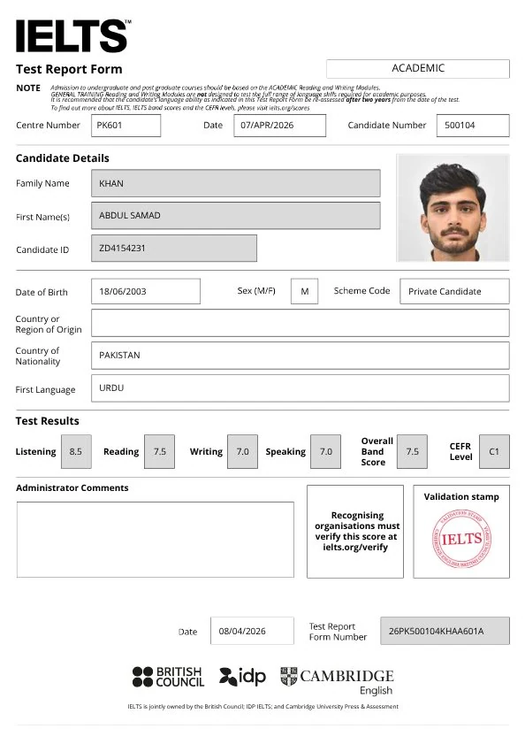 IELTS 7.5 score report