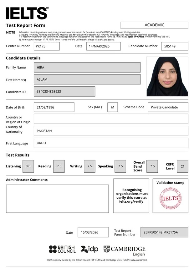 IELTS 7.5 score report