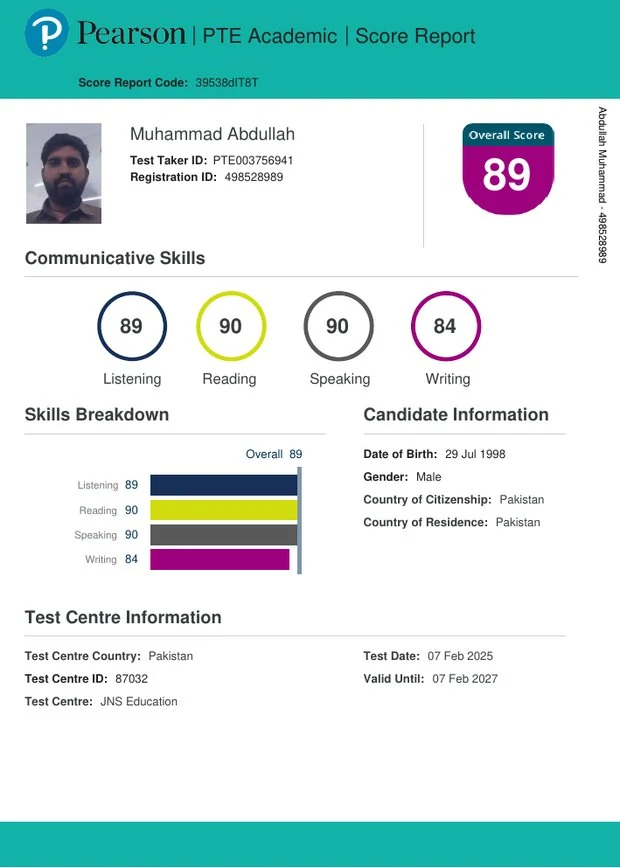PTE 89 score report